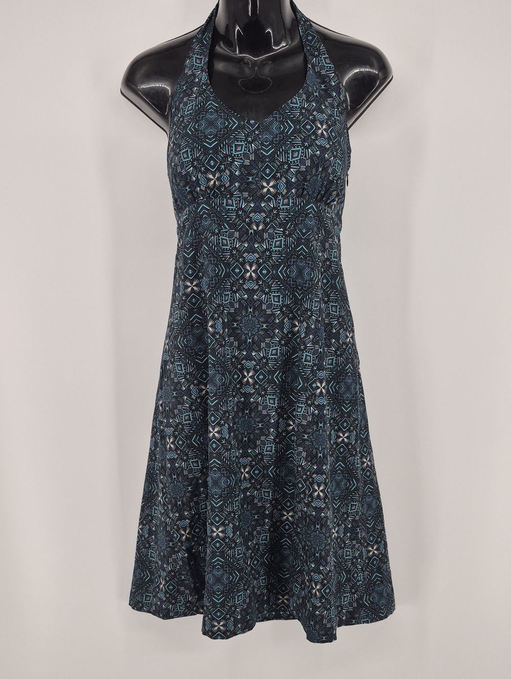 Krimson Klover Women XS Midi Halter Dress Blue Patterned Sundress Active Pockets
